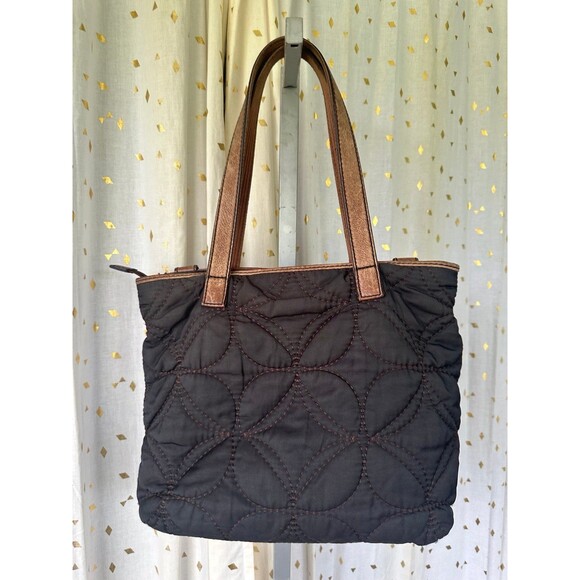 Fossil Key-Per Quilted Floral Fabric Cow Hide Leather Trim Shoulder Bag Tote - Picture 3 of 8